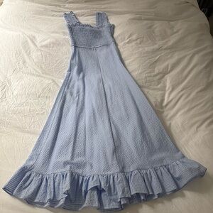 Ganni Seersucker Smocked Maxi Midi Dress NWT Baby Blue Gingham 0 32